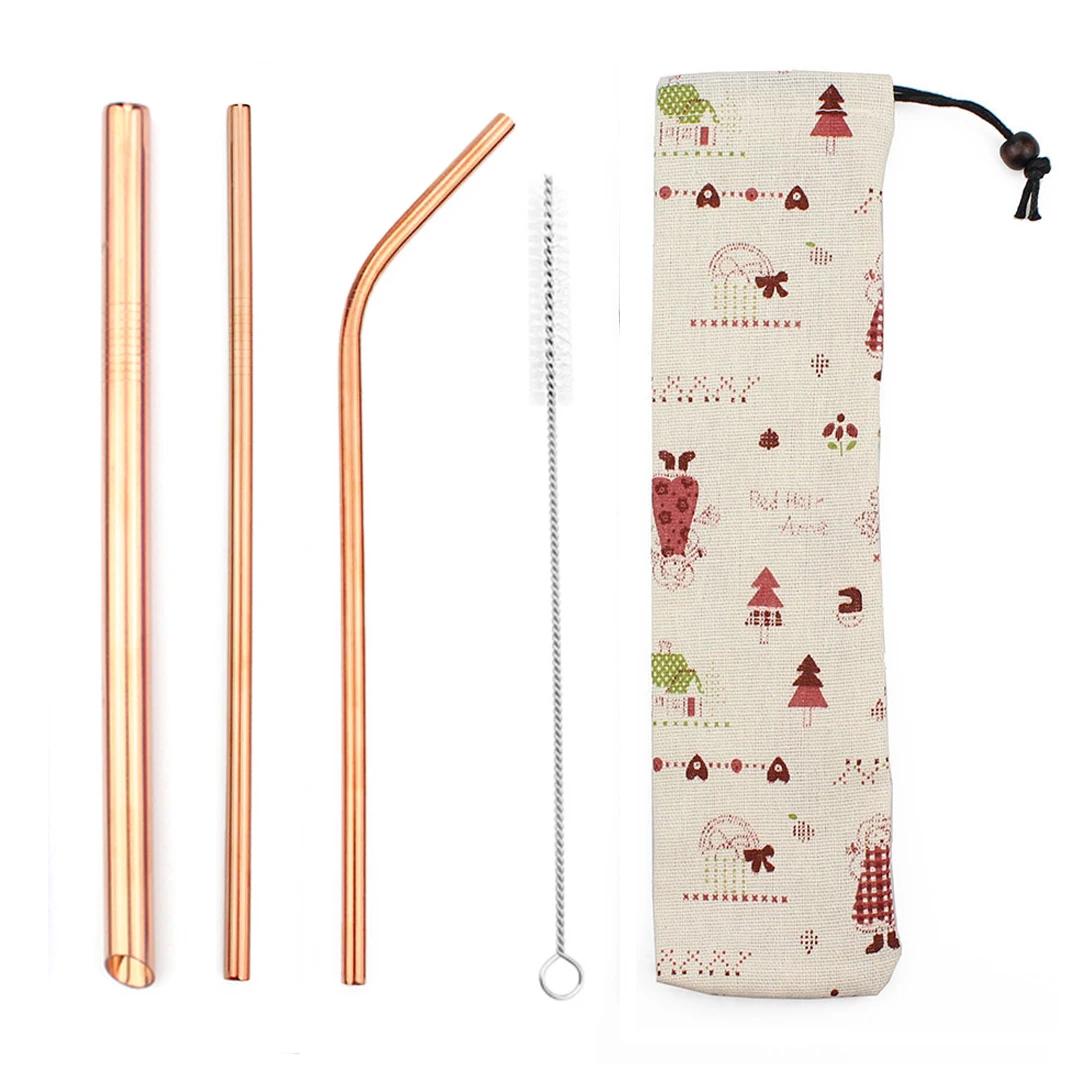 

5Pcs Beveled Stainless Steel Straw Reusable Metal Straws Smoothies Drinking Pointed Straw 6/12mm Clean Brush Pouch Dropshipping