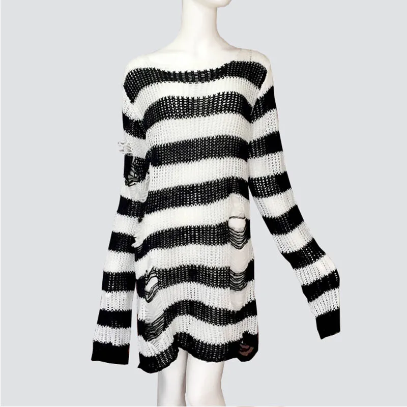 Большой размер, готический женский свитер, свободный, Befree, зимний, длинный пуловер, в полоску, с дырками, в стиле рок, хип-хоп, свитера, вязанные Джемперы, свитер Mujer - Цвет: Black and white