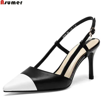 

ASUMER fashion black white mixed colors women pumps pointed toe buckle natural genuine Leather thin heel high heels shoes