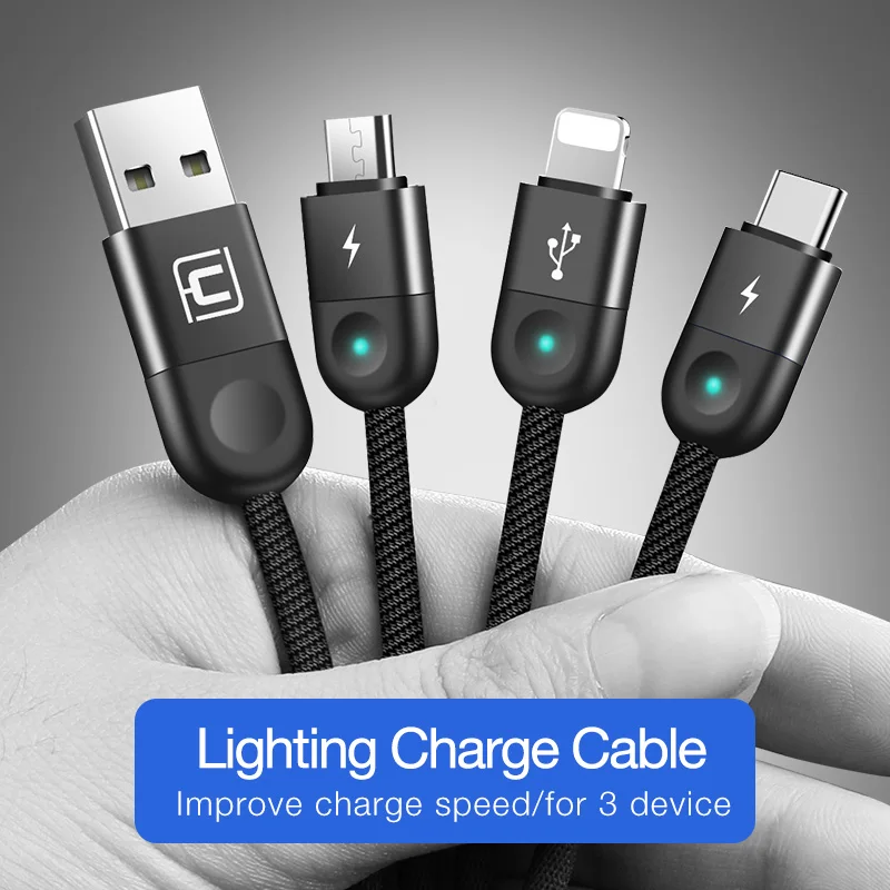 

Cafele LED Light 3 in 1 USB Charging Cable Micro USB Type C Cable for iPhone XR Huawei Xiaomi Samsung 130 CM Data Sync USB Wire