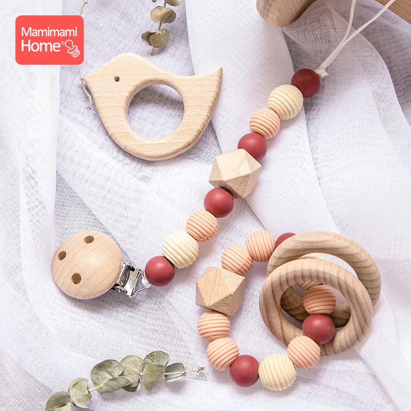 

mamihome 3Pc/Set wooden silicone teether pacifier chain Food Grade perle Silicone beads baby Rattle toy beech wooden rodent toys