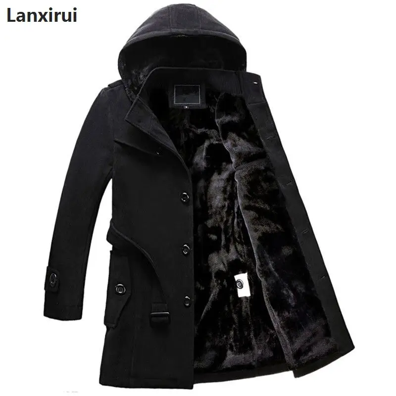 incredible  Winter Mens Hooded Wool Coat Men Single Breasted Thicken Velvet Warm Long Overcoat Male Long Woolen