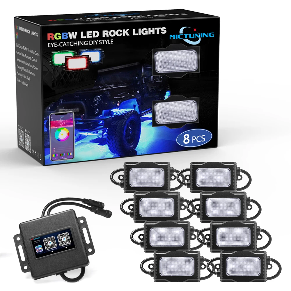 

MICTUNING 8 Pods Multicolor Auto LED Rock Under Glow Lights Bluetooth Control Music Mode RGBW Underbody Vehicle Lamps Neon Light