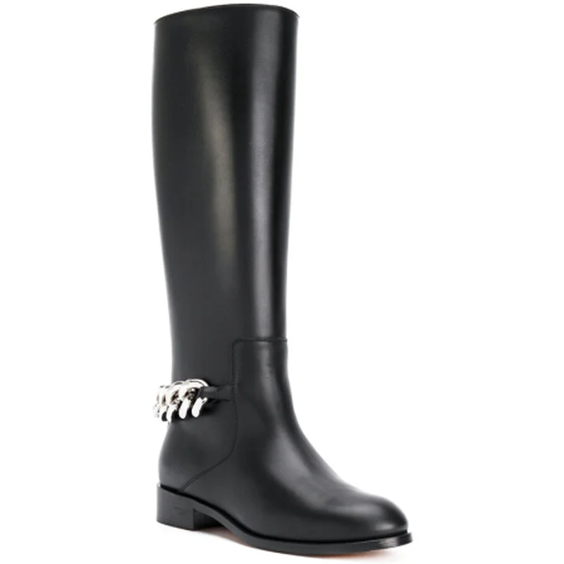 

Top Quality Genuine Leather Winter Boots Women Metal Chain Lady High Boot Heel Women Winter Thigh High Boots Luxury Shoes