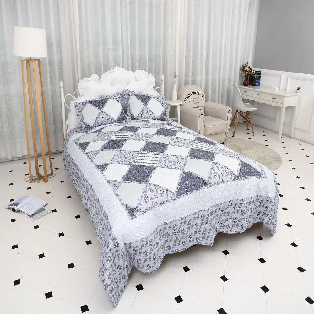 

Patchwork Bedspread Plaid Cotton Quilted King Size Ruffled Bedspread 2 Pieces Pillowcase 220*240 Size Blanket Sheet Duvet