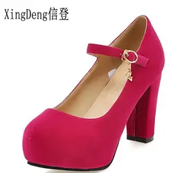 XingDeng/женские милые вечерние туфли-лодочки на Высоком толстом каблуке из замши с круглым носком весенние туфли на шпильке с ремешком на