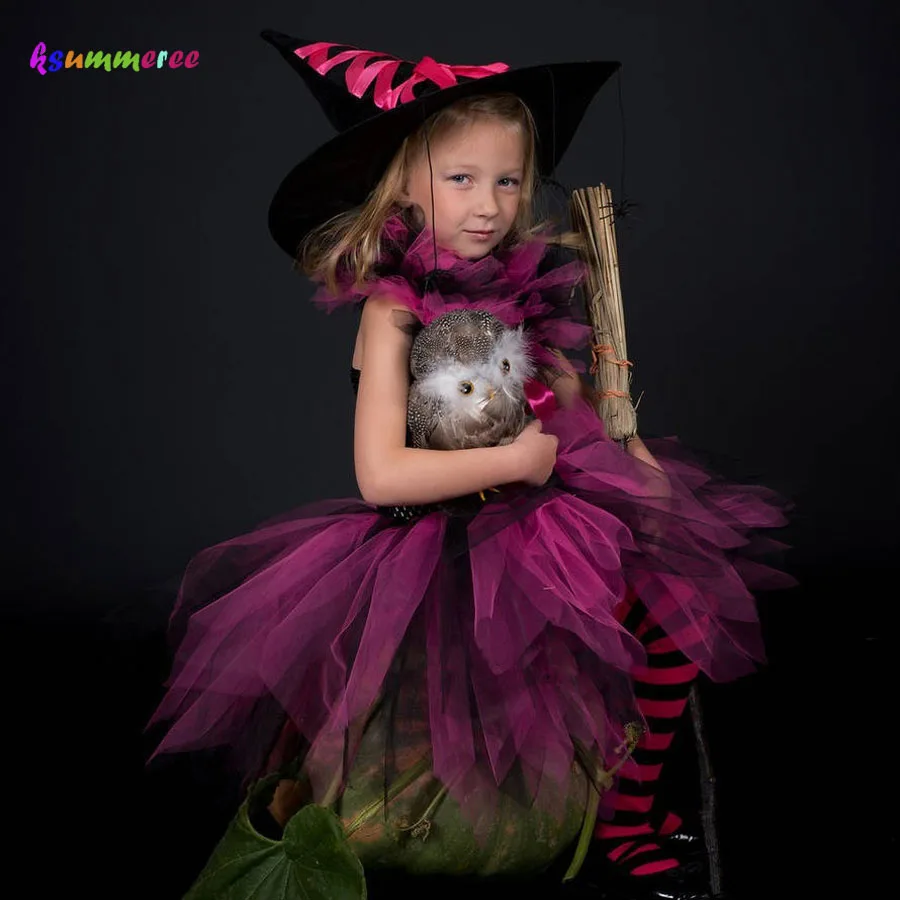 Ярко-розовое и черное платье-пачка ведьмы для девочек; детская юбка-пачка; костюм на Хэллоуин; детская маскарадная одежда для карнавала; нарядное платье