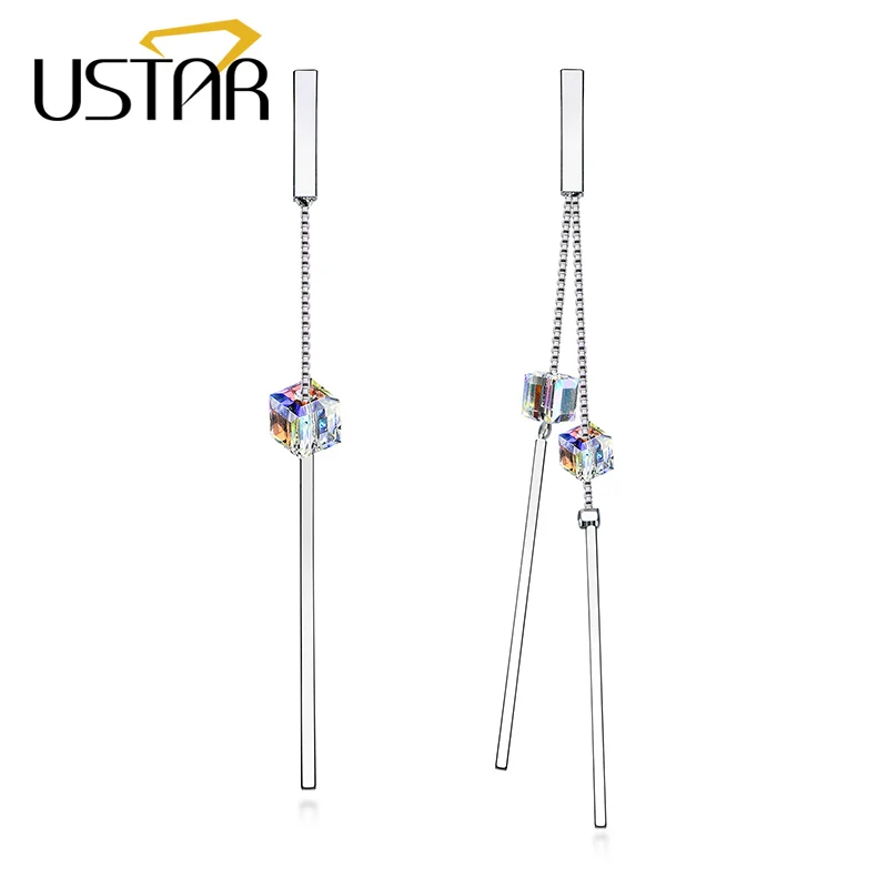 

USTAR Square Crystals Drop Earrings for Women with AAA Cubic Zirconia Long Dangle Earrings female fashion Jewelry brincos gift