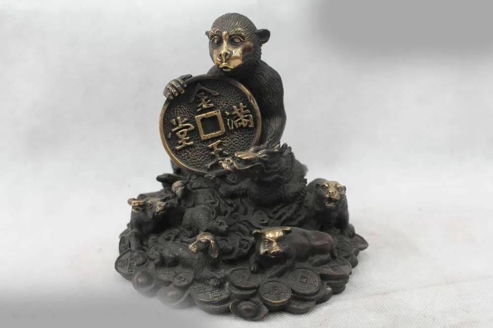 

7"Chinese Fengshui Copper Zodiac Year Cock Big monkey Animal Statue sculpture