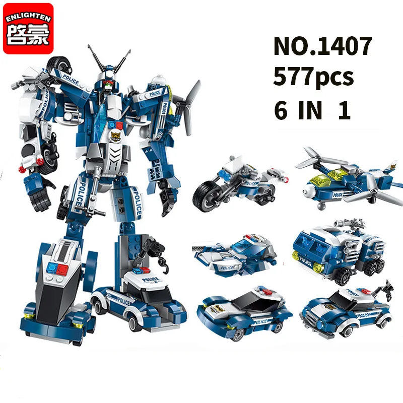 

6 In 1 City Police Building Blocks Assembling SWAT Aircraft Car Robot Toy Block for Children's gift