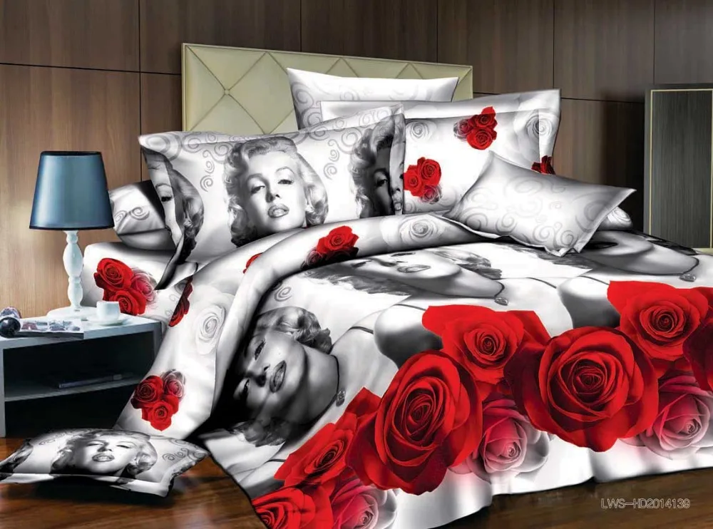 Sweet Marilyn Monroe And Red Rose Print 7 Pcs Satin Cotton Luxury