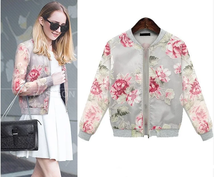 

Spring And Summer Organza Foral Printing Women Jacket New Women 'S Casual Long -Sleeved Loose Short Female 'S Zipper Jacket