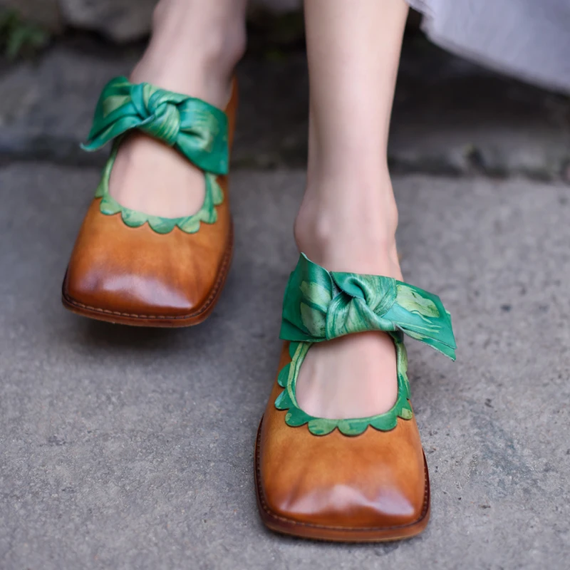 

Artmu Original Retro Women's Shoes Square Toe Butterfly-knot Flats Shoes Handmade Genuine Leather Bow Shoes zapatos de mujer