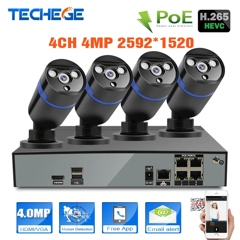 4 Channel 4K 48V POE NVR w 4pcs Latest Chip HI3516D OV4689 4.0MP POE IP Camera 2592*1520 Video Security Surveillance System