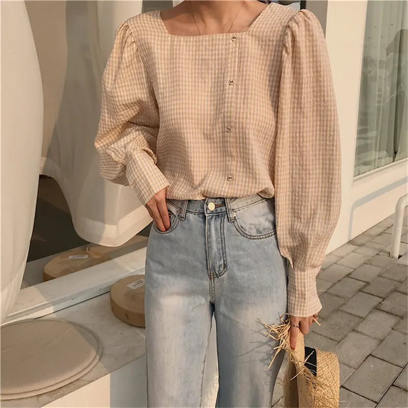 

HziriP Retro Fashion Stylish Plaid 2019 Summer Square Collar Fresh Vintage Sweet Loose Plus Size Women Elegant Casual Shirts