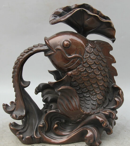 

JP S0524 12" Chinese Bronze Folk Feng Shui Wealth Money lotus leaf Fish barracuda Statue