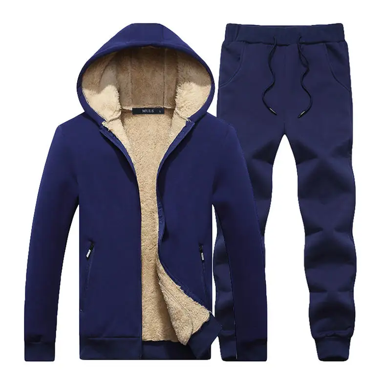 Couple Tracksuit Men Casual Cotton Knitted Hooded Warm Sweatshirt Male Winter Thick Lamb Cashmere Fleece Women Jacket+Pant 2PC 14