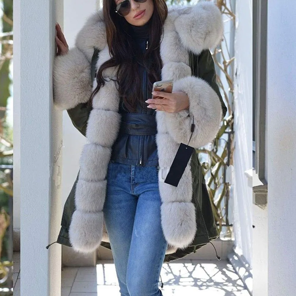 

Fashion winter Thick Warm winter jacket women Long Sleeves Patchwork Fur Hooded Fishtail Overcoat parkas Casual outwear coat