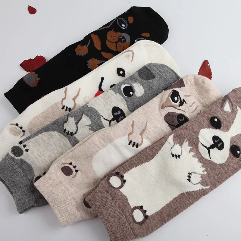 Элегантные креативные женские хлопковые носки с милым животным Мопсом, жаккардовые женские носки без пятки с принтом милой собаки, забавные носки-тапочки с изображением хаски, meias soks