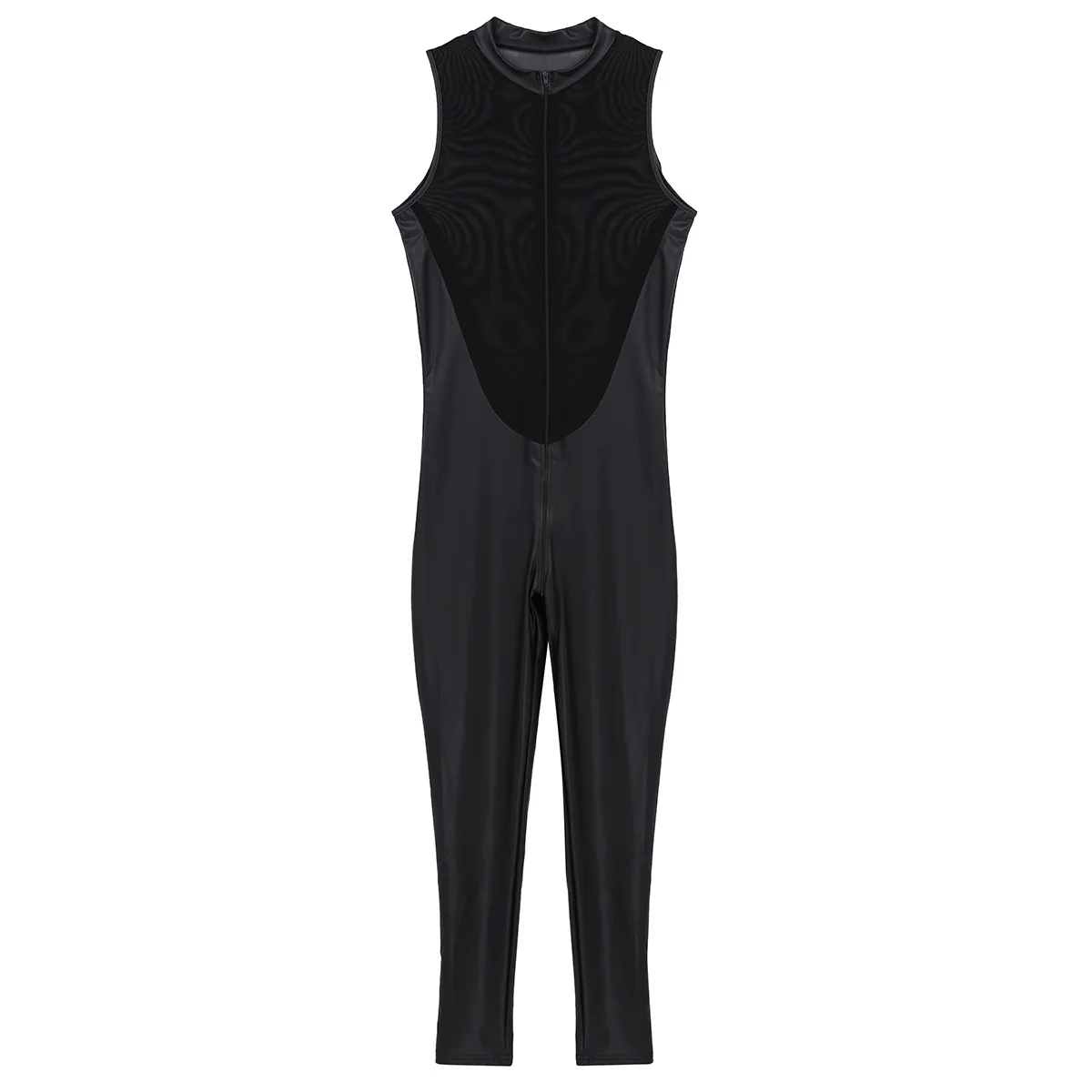 Tiaobug Adult Black Wetlook Patent Leather Sheer Mesh Splice Zipper Crotch Leotard Bodysuit Men Jumpsuit Zentai Club Costume -Zentai shop online