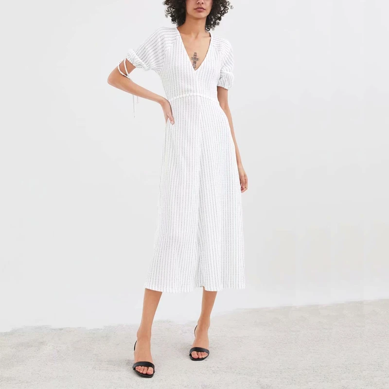 

Summer women dress casual striped V-neck short-sleeved dress bow decoration Vestidos
