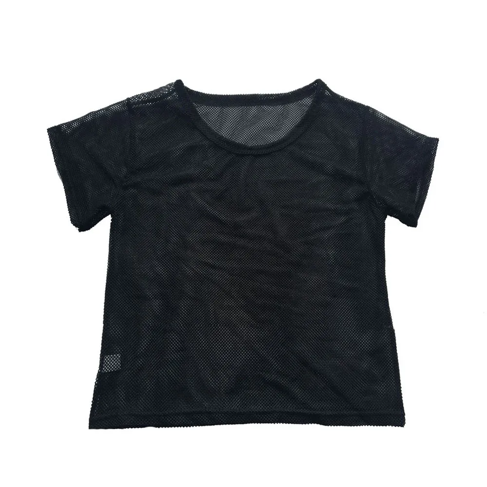 Черный сетчатый топ, Женская Летняя мода, облегающие спортивные топы, майка для танцев, фитнеса, футболка с круглым вырезом, открытая футболка для девочек# Z10