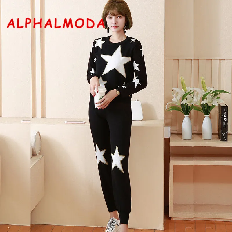 ALPHALMODA New Fashion Knitted Stars Sweater Pencil Pants Women Vogue Tracksuits Autumn Winter Casual Knitting Sets |