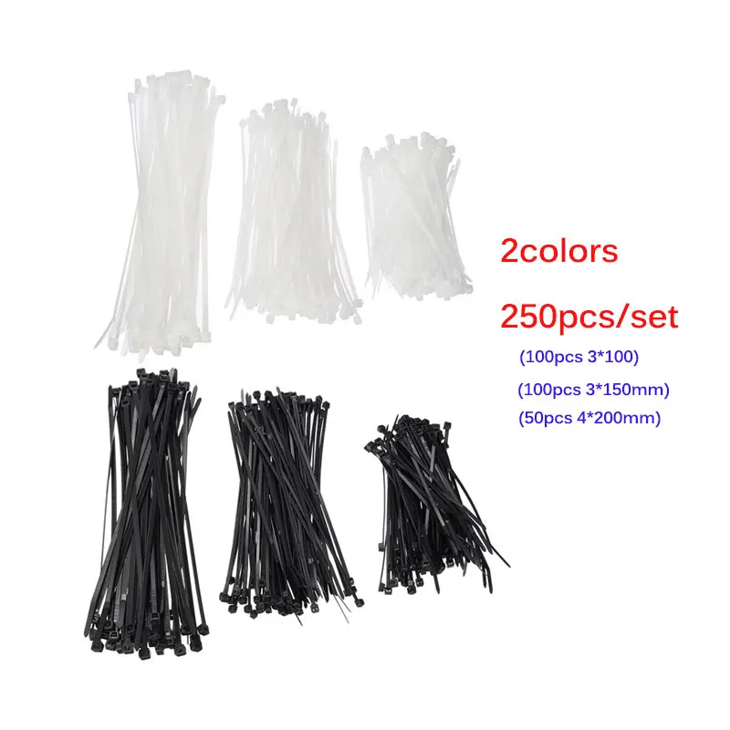 

250pcs Nylon Cable Ties Set Inculdes 3sizes 3x100 3x150 4x200 Black Color National Standard Self-locking Plastic Wire Zip Tie