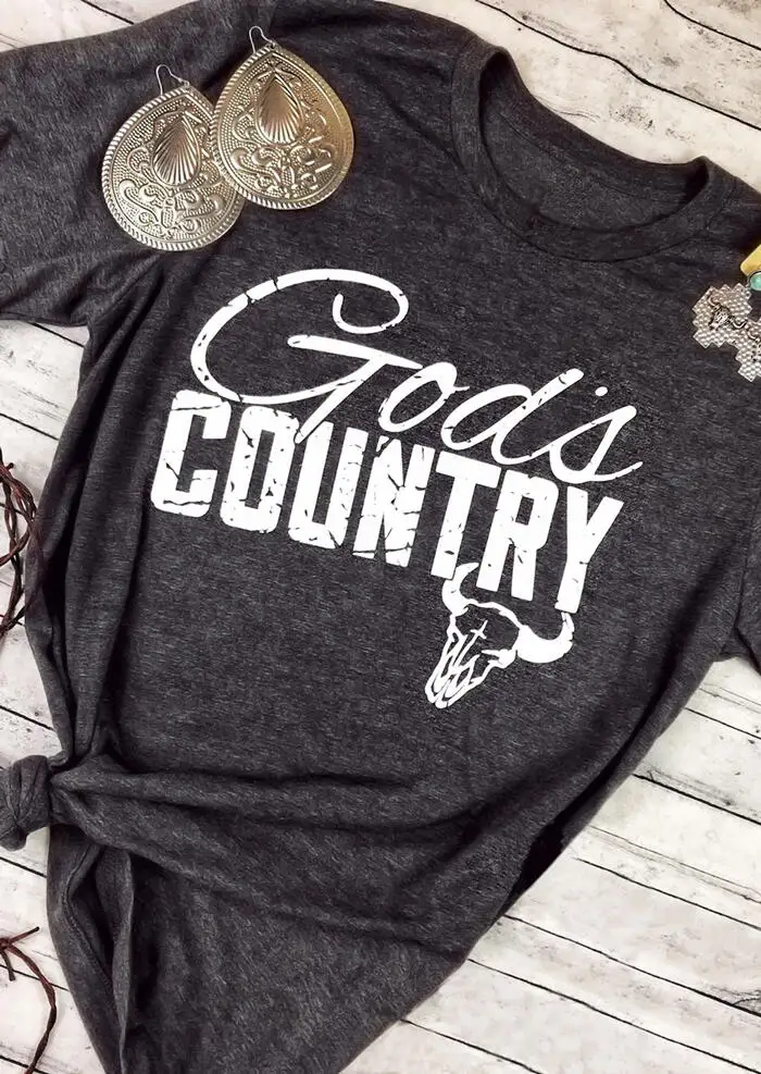 

Women God's Country Steer Skull T-Shirt Femme Harajuku Short Sleeve Trendy 90s tshirt Summer designer graphic top Dark Gray