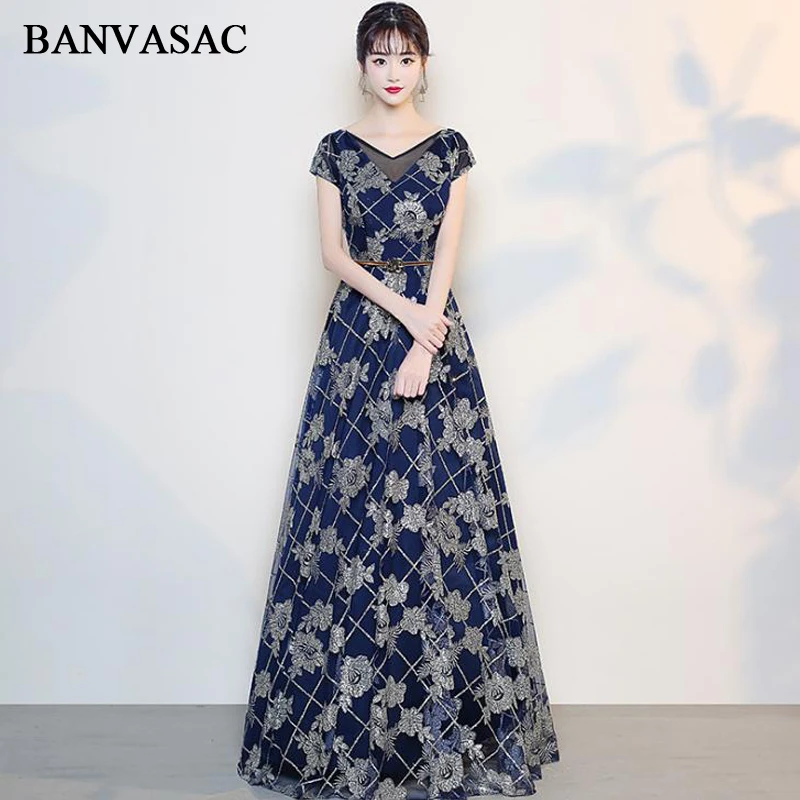 

BANVASAC 2018 Sequined Embroidery V Neck A Line Long Evening Dresses Lace Short Sleeve Party Sash Backless Prom Gowns