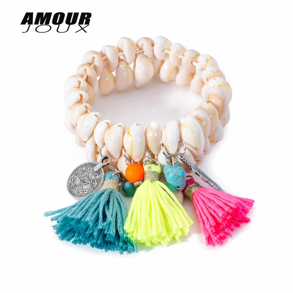 

Original Design Two Layers Natural Shell Bohemian Tassels Charm Elastic Bracelets For Women Summer Style Handmade Jewelry