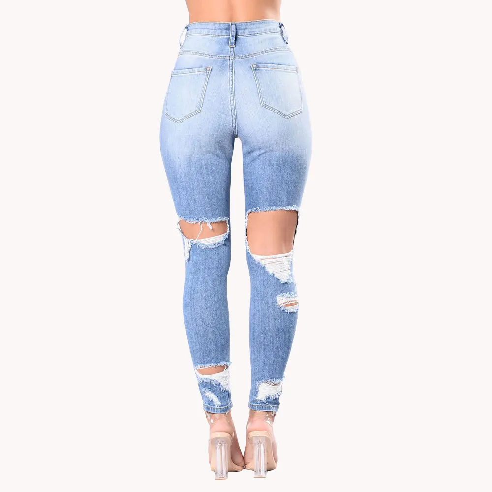 2019 летние женские повседневные джинсовые брюки с высокой талией обтягивающие шикарные рваные узкие эластичные брюки с высокой посадкой
