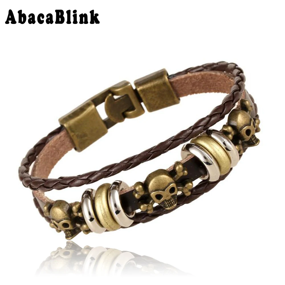 Punk Gothic Skull Studs Bracelets For Men Brown Handmade Braided Rope
