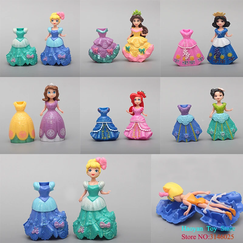 12Pcs/Lot Genuine Frozen Princess Toys Sofia Elsa Belle Mermaid Figures Doll Toys Model Action Figure Set With Magic Clip Dress
