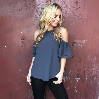 

New 2018 Summer Blue Loose Shoulder Crop Top Women's T-shirt Butterfly Sleeve Slash Neck T-shirt Female Slim Short-sleeved