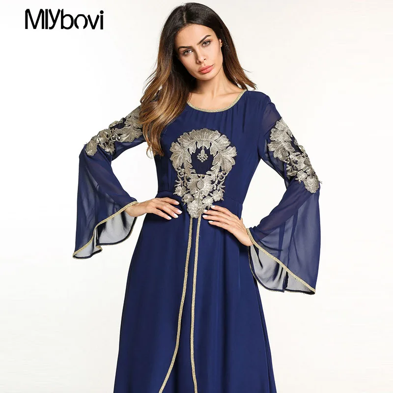 Womens Loose abaya O Neck Muslim Islamic Clothing Long Sleeve Chiffon