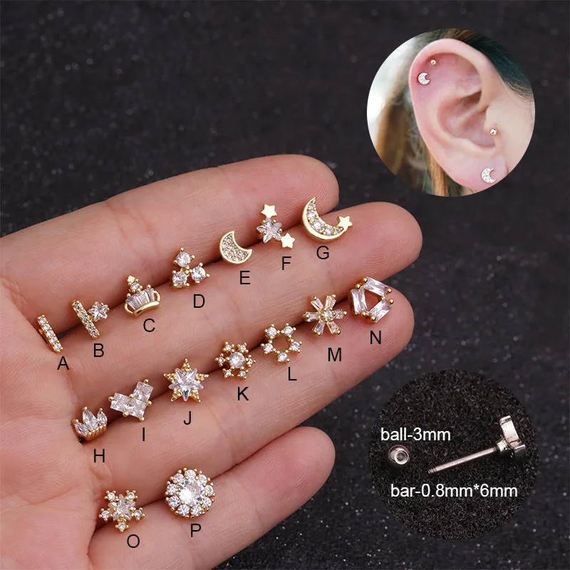 Moon Star Flower Helix Ear Stud Piercing Earrings CZ Zircon Tragus Cartilage 
