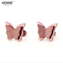 AENINE новые двухслойные матовые серьги-гвоздики в виде бабочки из розового золота для женщин, милые серьги из нержавеющей стали для девушек, ювелирные изделия AE17030