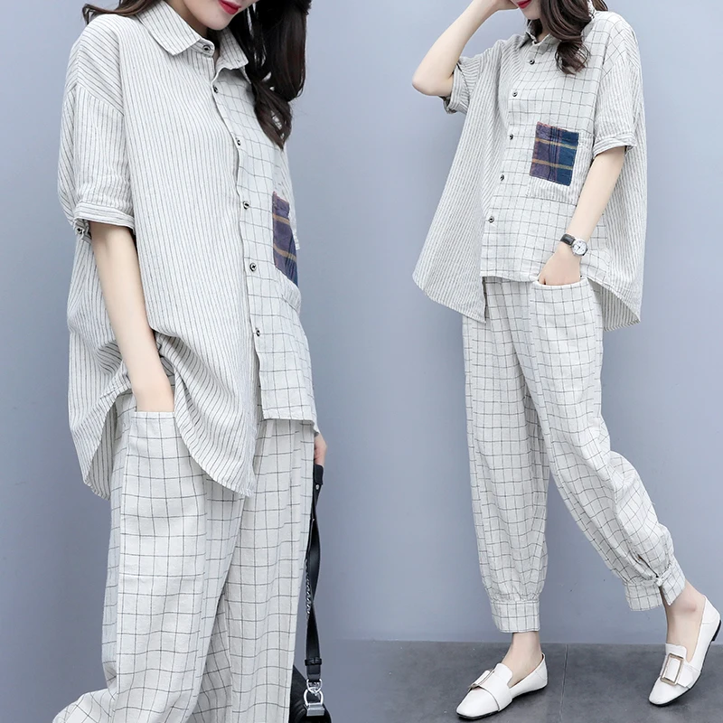 Plaid Set Women Plus Size 3XL 2019 Summer New Fashion Casual Loose Large Size Striped Plaid Lapel Shirt+Pant 2 Piece Set Female