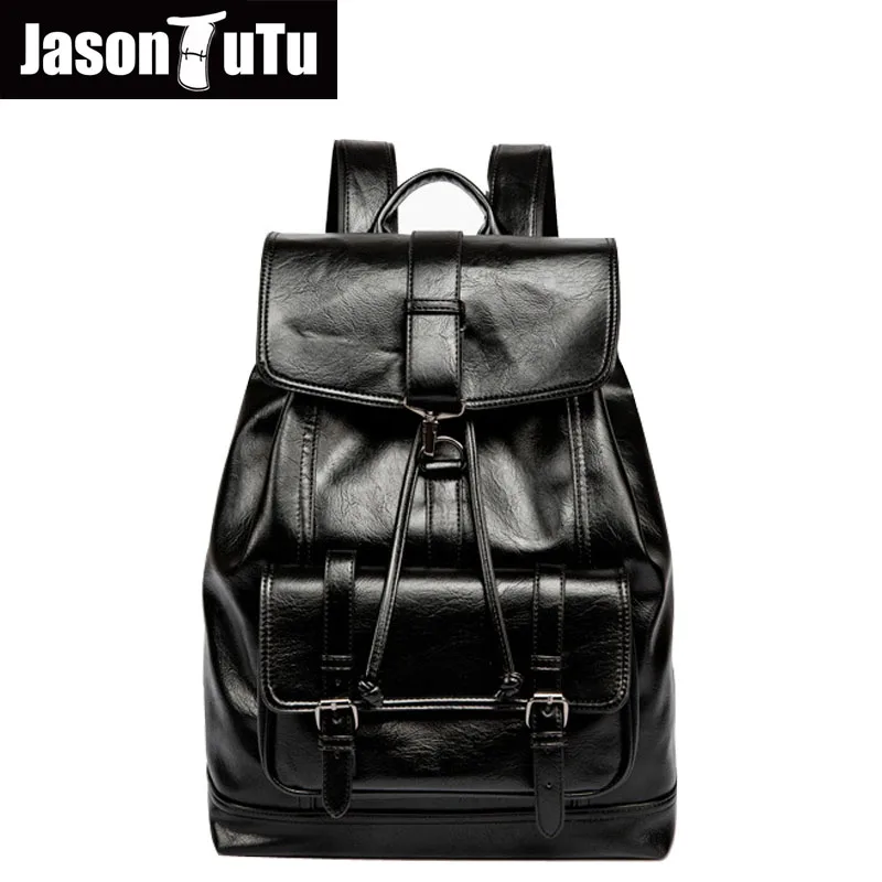 

Male drawstring backpack Good quality PU leather rugzak 15/16 inch laptop backpack travel vintage black Brown bagpack B624