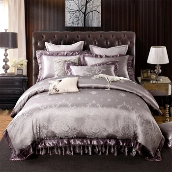 

4/6 Pieces Luxury Silver Bedding set King Queen size Bed set Quilted Bed skirt Satin Jacquard Cotton Duvet cover set couvre lit