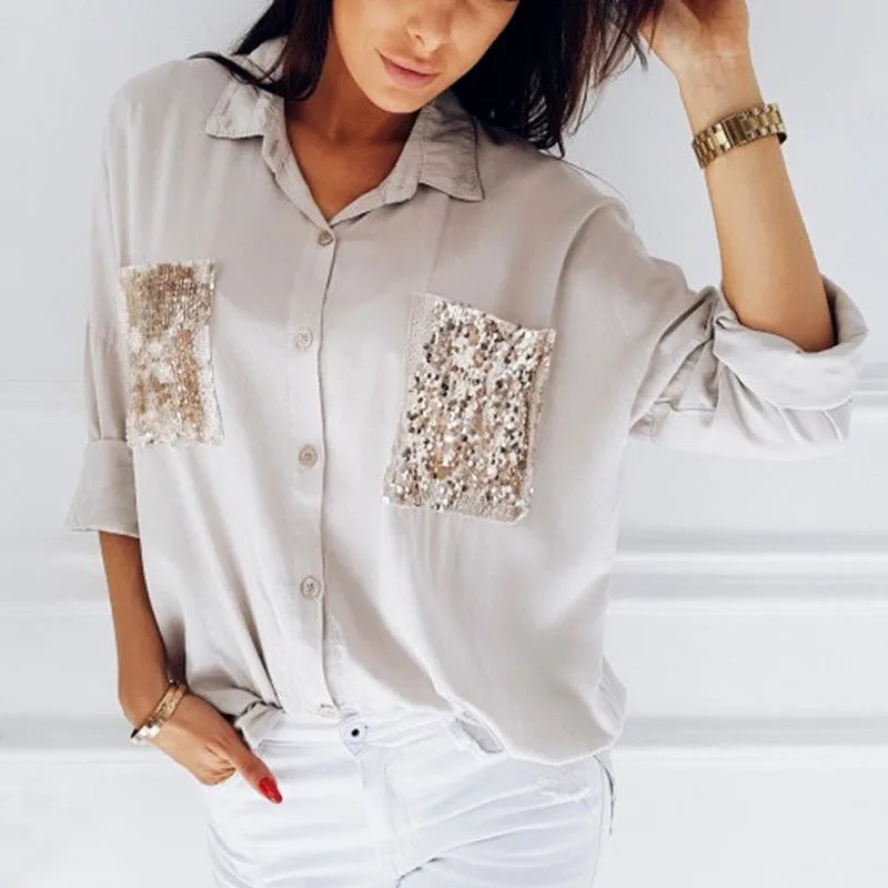 

2 Colors Work Wear 2019 Women Shirt Chiffon Sequined Blusas Femininas Tops Elegant Ladies Formal Office Blouse Plus Size