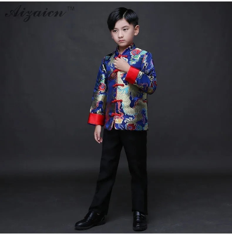 Tang/детский Атласный топ Чонсам для мальчиков, Утепленное зимнее Ципао, сатиновые костюмы, детские костюмы, свадебное китайское платье с длинными рукавами для девочек - Цвет: B jacket  trousers