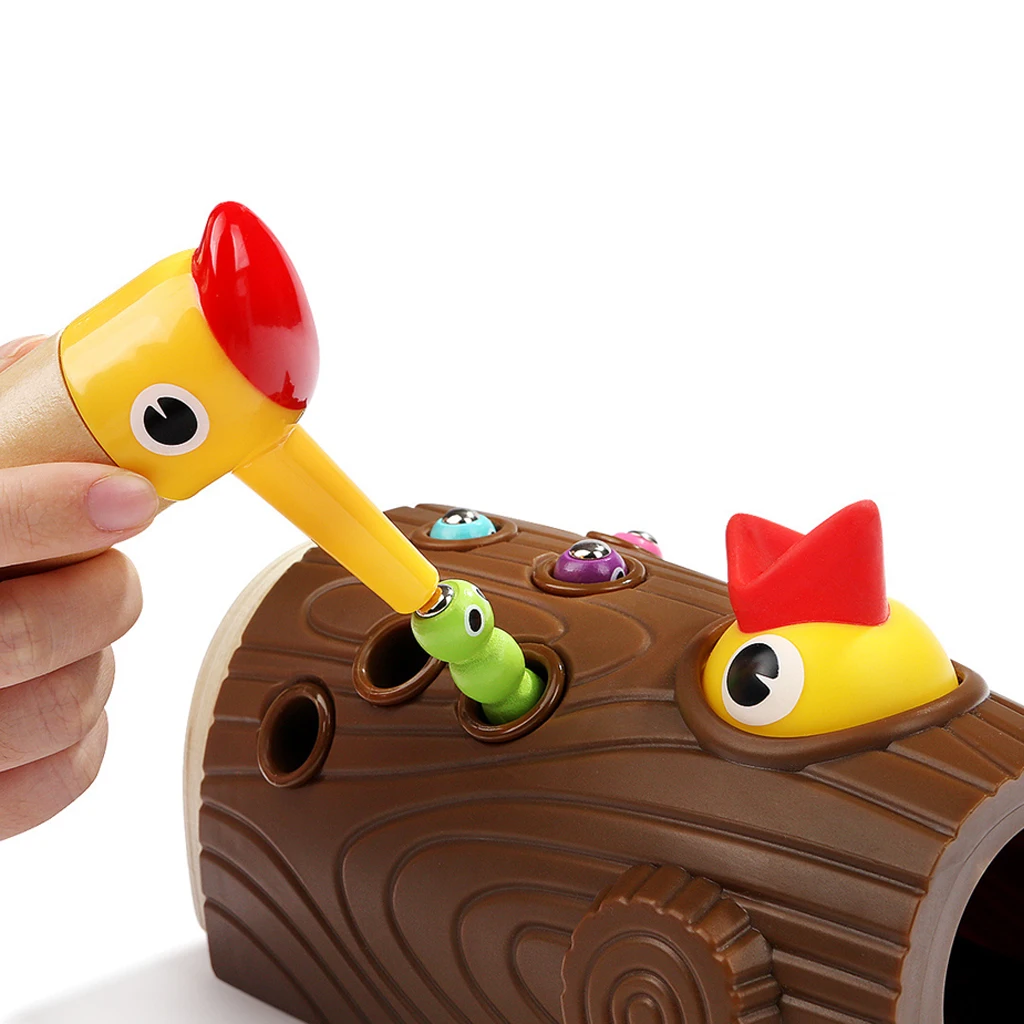Magnetic Wooden Woodpecker Catch the Worms Game Puzzle Game Toy Set - Woodpecker Caterpillar Catching Toy for Kids and Toddlers
