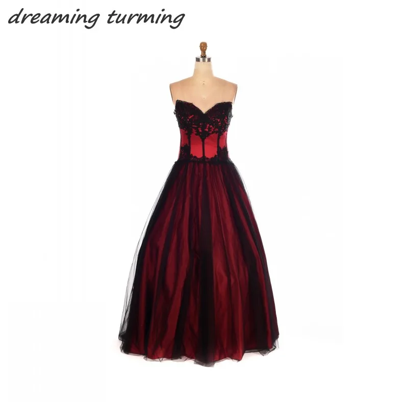 Victorian Gothic Wedding Dresses Red And Black Lace Applique Soft