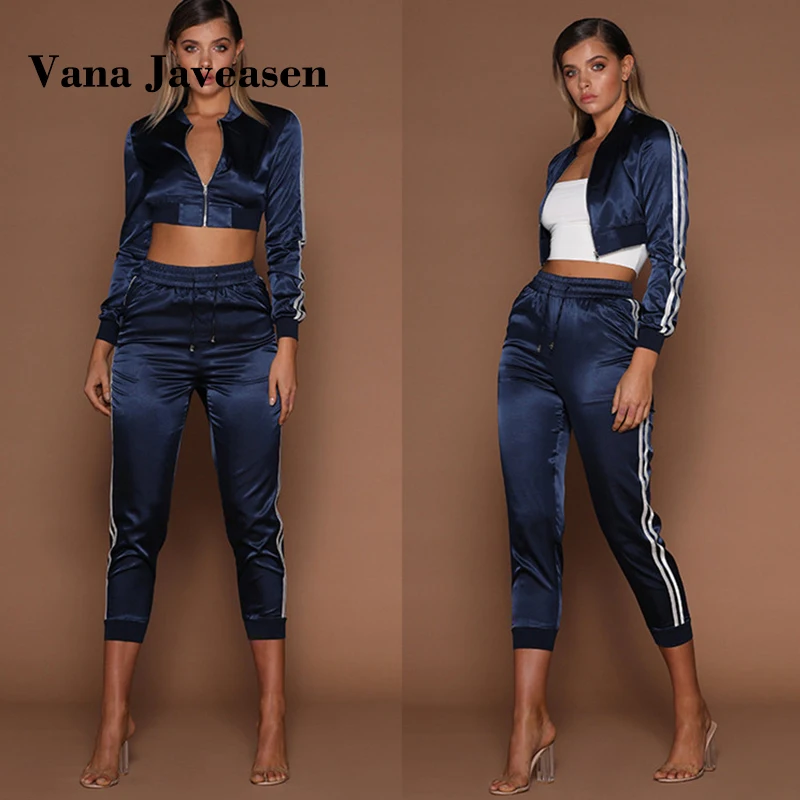 Vana Javeasen Autumn Winter Satin Sets Women Zipper Side Stripe Crop Tops Drawstring Calf Length Pants Sexy Workout Tracksuits |