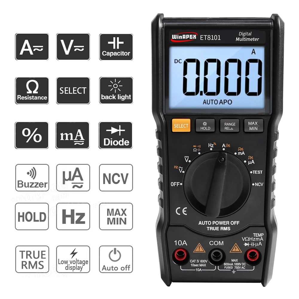 ET8101 Цифровой мультиметр 3 5/6 AC DC 6000 True RMS цифровой вольтметр 1000 В 10A мини Карманный мультиметр