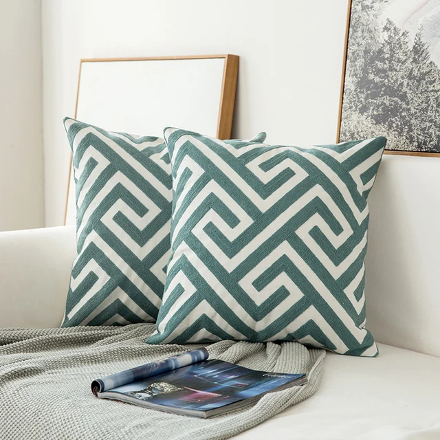 Home Decor Embroidered Cushion Cover Grey Blue/White Geometric Floral Canvas Cotton Suqare Embroidery Pillow Cover 45x45cm 3