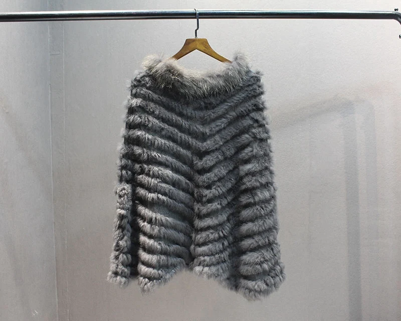 female natural knitted rabbit fur poncho with collar  (4)
