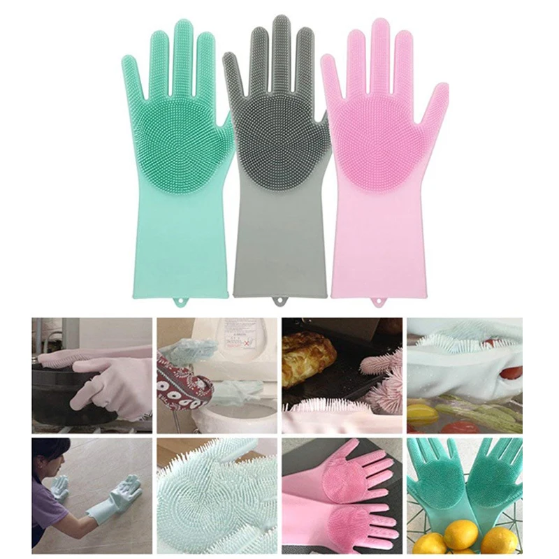 

Magic Silicone Scrubber Rubber Cleaning Gloves Dusting Dish Washing Pet Care Grooming Hair Car Insulated Kitchen Helper